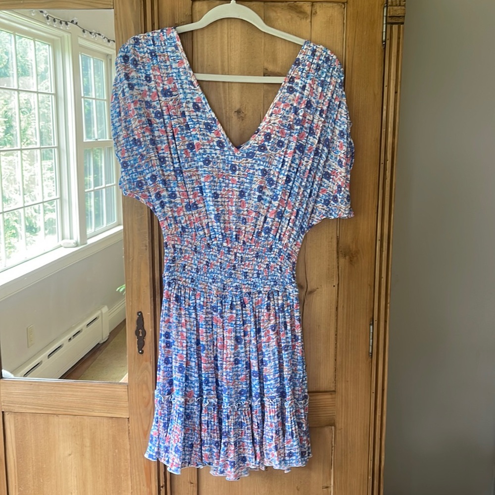 Poupette St Barth mini jean dress ruffled blue bloom XS
